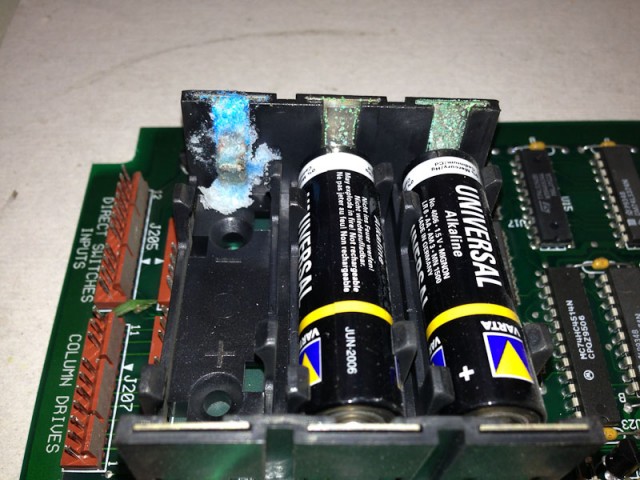 Batteries dated 2006 badly leaking and damaging the battery holder and switch connector (not shown).